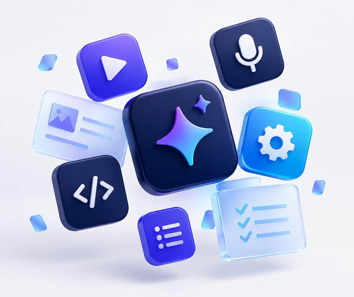 Icônes d'outils numériques : IA, vidéo, voix, code et automatisation